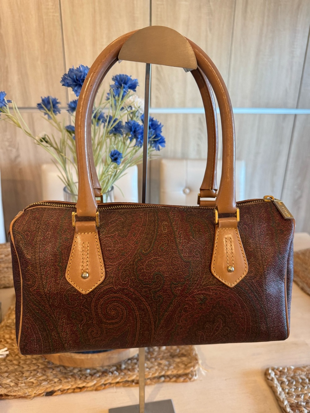 ETRO Vintage Paisley Boston Tote Hand Bag Tan Leather Trim - Made in Italy